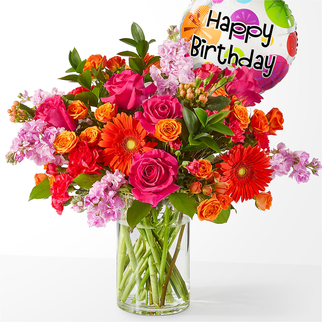 Fiesta Bouquet with Birthday Balloon – Harpers House Of Flowers, Goldsboro NC