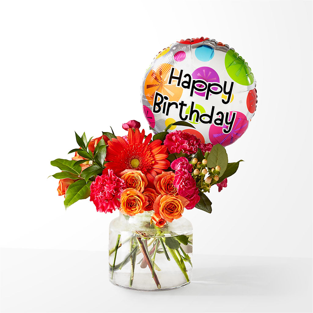Fiesta Bouquet with Birthday Balloon – Harpers House Of Flowers, Goldsboro NC