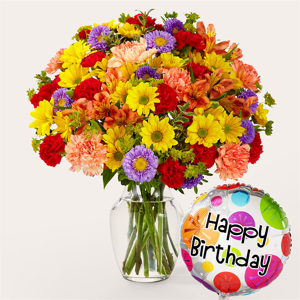 Kaleidoscope Bouquet with Birthday Balloon – Harpers House Of Flowers, Goldsboro NC