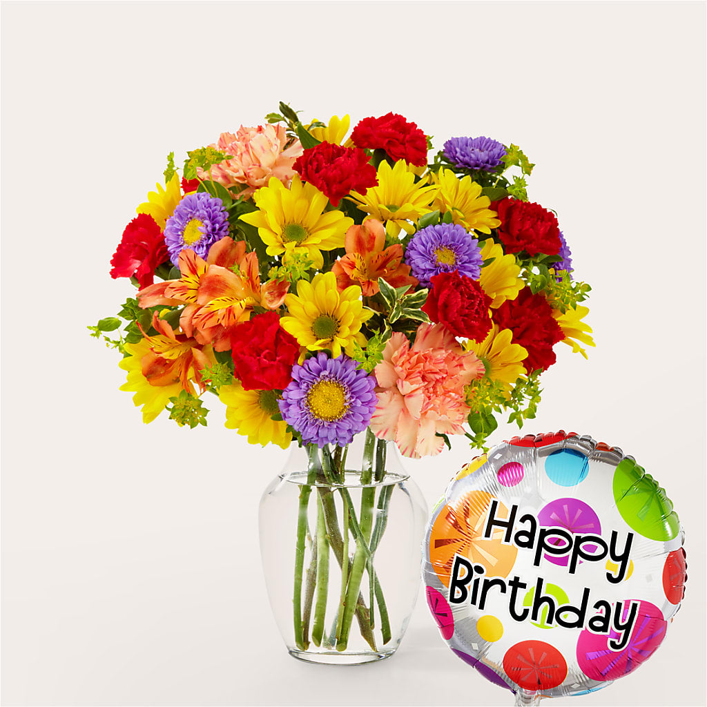 Kaleidoscope Bouquet with Birthday Balloon – Harpers House Of Flowers, Goldsboro NC