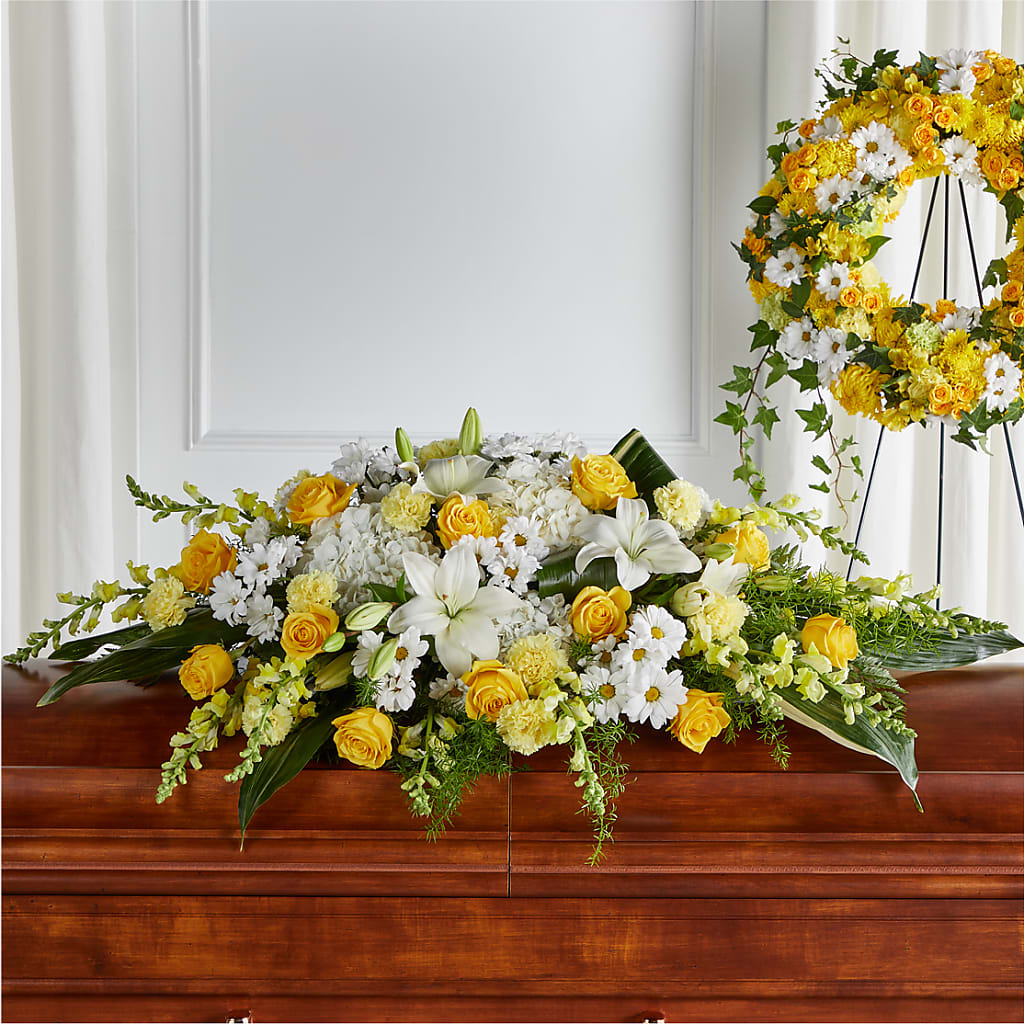 Golden Harmony Casket Spray – Harpers House Of Flowers, Goldsboro NC