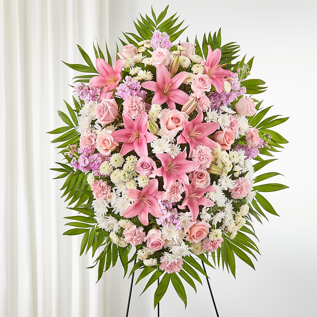Offering Solace Standing Spray – Harpers House Of Flowers, Goldsboro NC