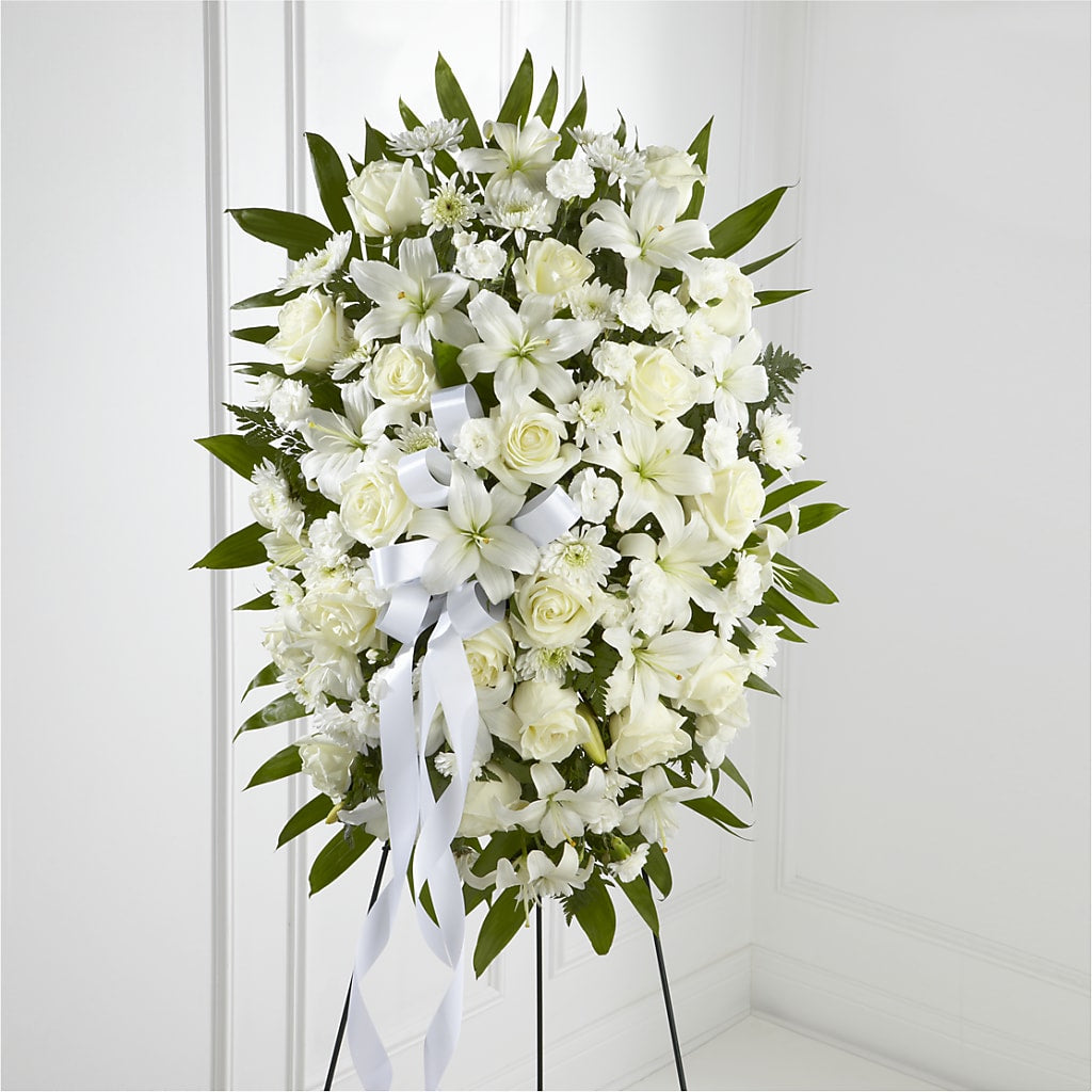 Exquisite Tribute Standing Spray-White Ribbon – Harpers House Of Flowers, Goldsboro NC