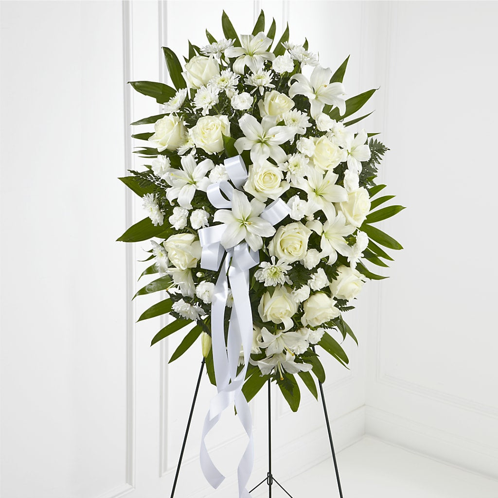 Exquisite Tribute Standing Spray-White Ribbon – Harpers House Of Flowers, Goldsboro NC