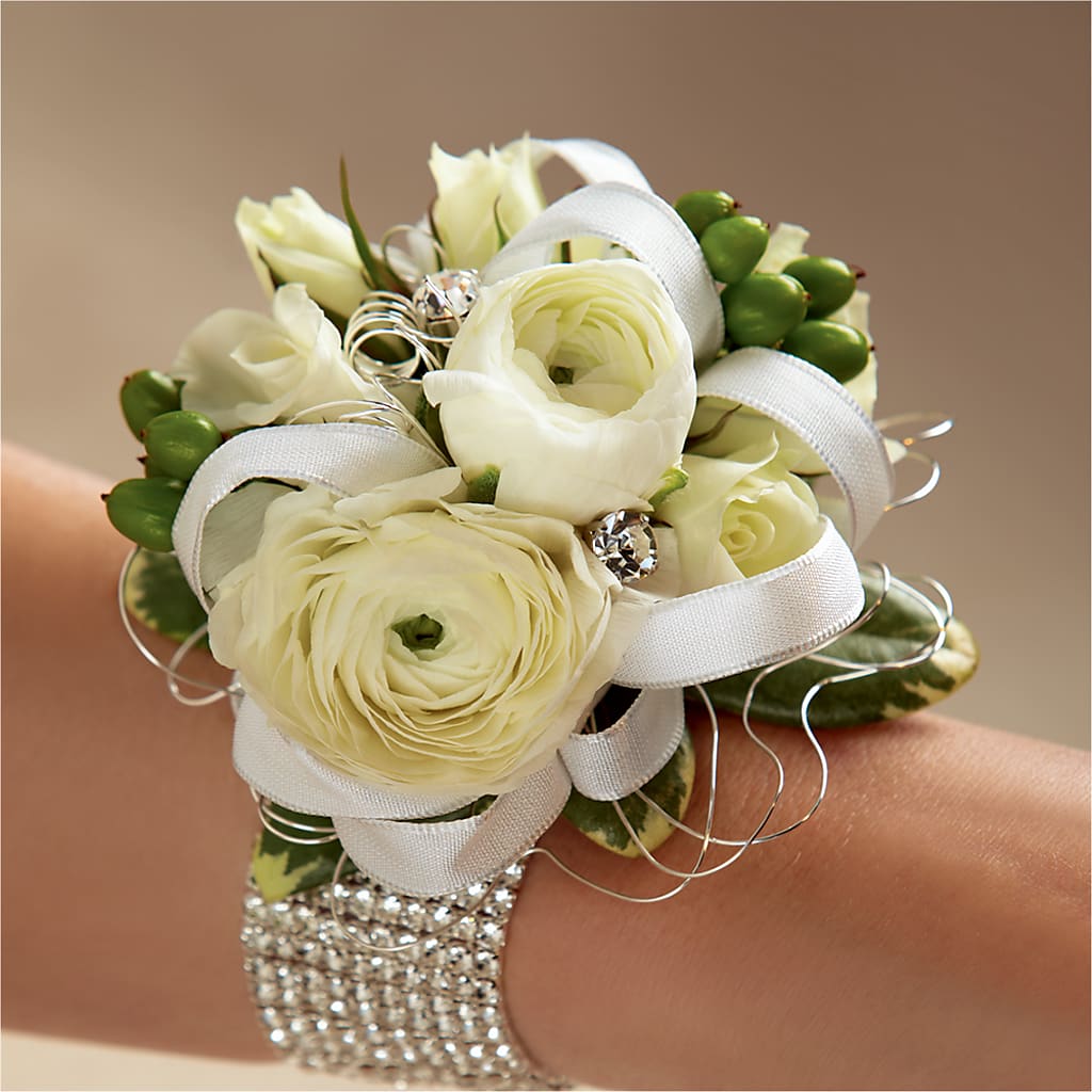 White Wedding Corsage – Harpers House Of Flowers, Goldsboro NC