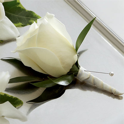 White Rose Boutonniere –  Harpers House Of Flowers, Goldsboro NC